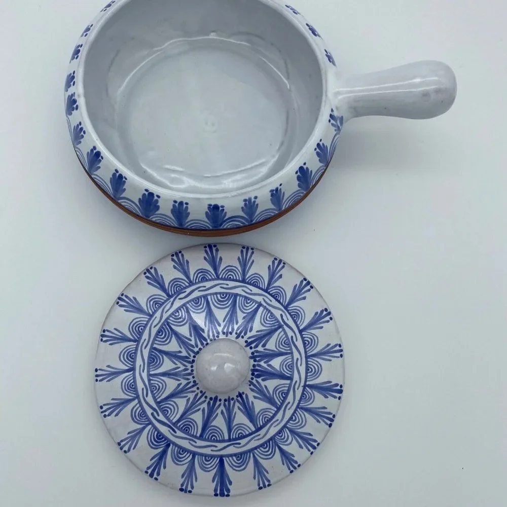 TLAL‎ MICH COLIN Mexican Pottery Hand Painted Cobalt Blue White Bean Bowl w/Lid